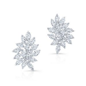 18K White Gold Floral Leaf Cluster Diamond Earrings