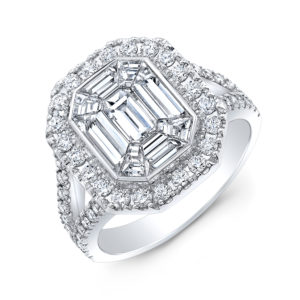 18K White Gold Split Shank Emerald Cut Diamond Halo Ring