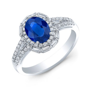 18K White Gold Oval Sapphire & Diamond Halo Ring