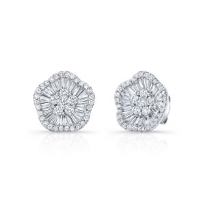 18K White Gold Emerald Cut Diamond Cluster Earrings