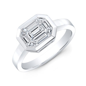 18K White Gold Emerald Cut Bezel Set Diamond Ring