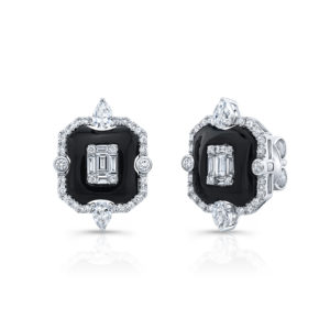 18K White Gold Square Black Onyx & Diamond Earrings
