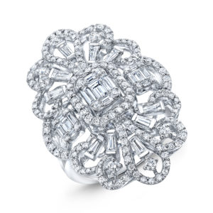 18K White Gold Fancy Floral Baguette Diamond Ring