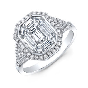 18K White Gold Emerald Cut Halo Diamond Ring