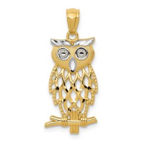 14k Yellow Gold Rhodium Plated Diamond Cut Owl Pendant