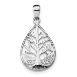 Sterling Silver Rhodium-Plated Polished Tree Teardrop Pendant