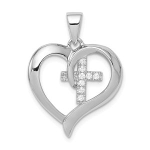 Sterling Silver Rhodium-Plated Heart With CZ Cross Pendant