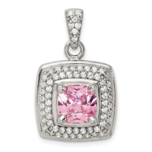 Sterling Silver Pink And White CZ Square Pendant